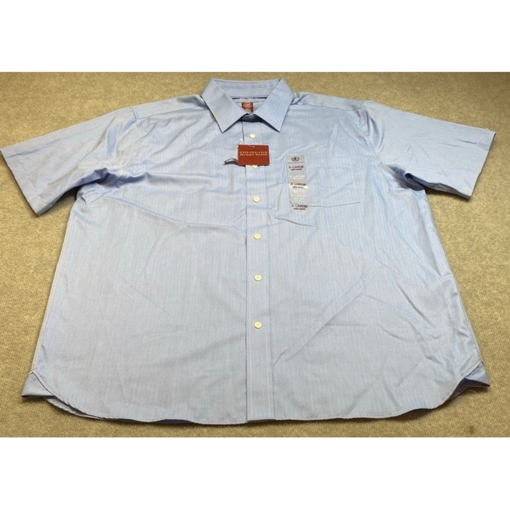Covington Button Up Shirt Mens XL Blue Wrinkle Free Herringbone Short Sleeve